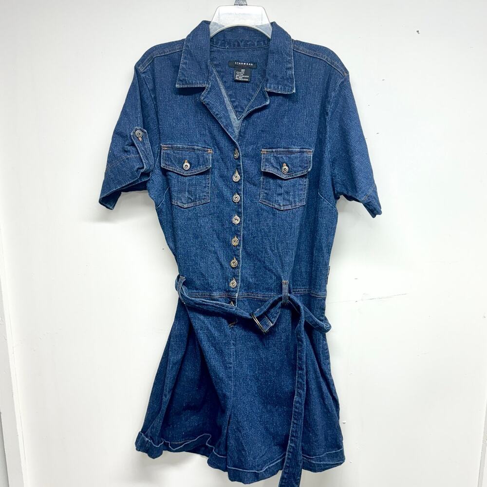 Vtg STARWEAR DENIM 80's Jumpsuit‎ Romper Blue Jean Belted Short Sleeve 3X